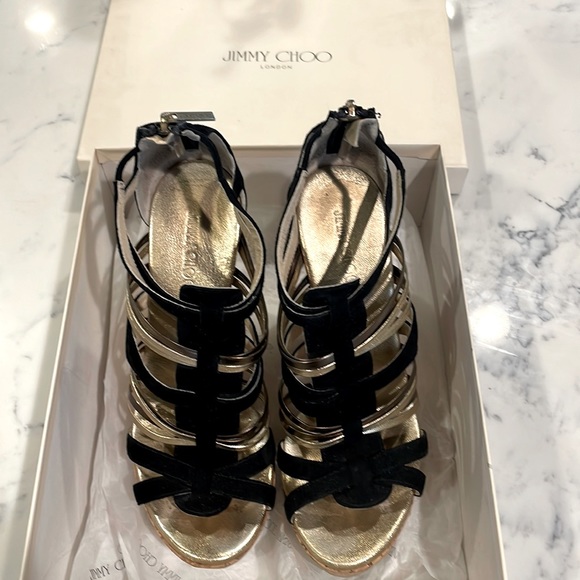 Jimmy Choo Shoes - Jimmy Choo SUEDE/NAPPA/MIRROR BLACK Wedge - STYLE 121PEKABO Cork Wedges